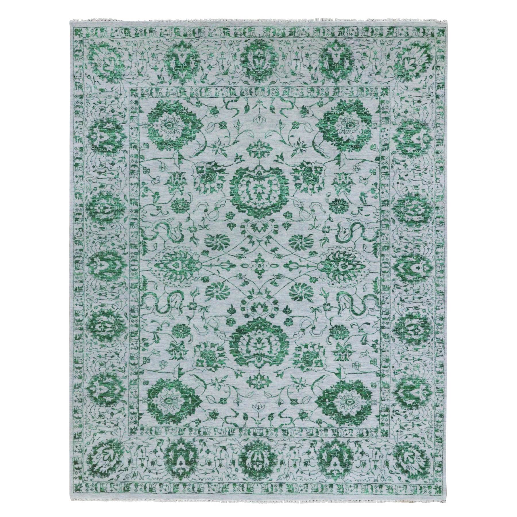 8'x10'1" Snow White with Forest Green, Persian Tabriz Influence Design, 100% Wool, Tone on Tone, Hand Knotted, Oriental Rug 
